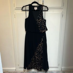Cinq à Sept Black Midi Dress with Gold Floral Pattern